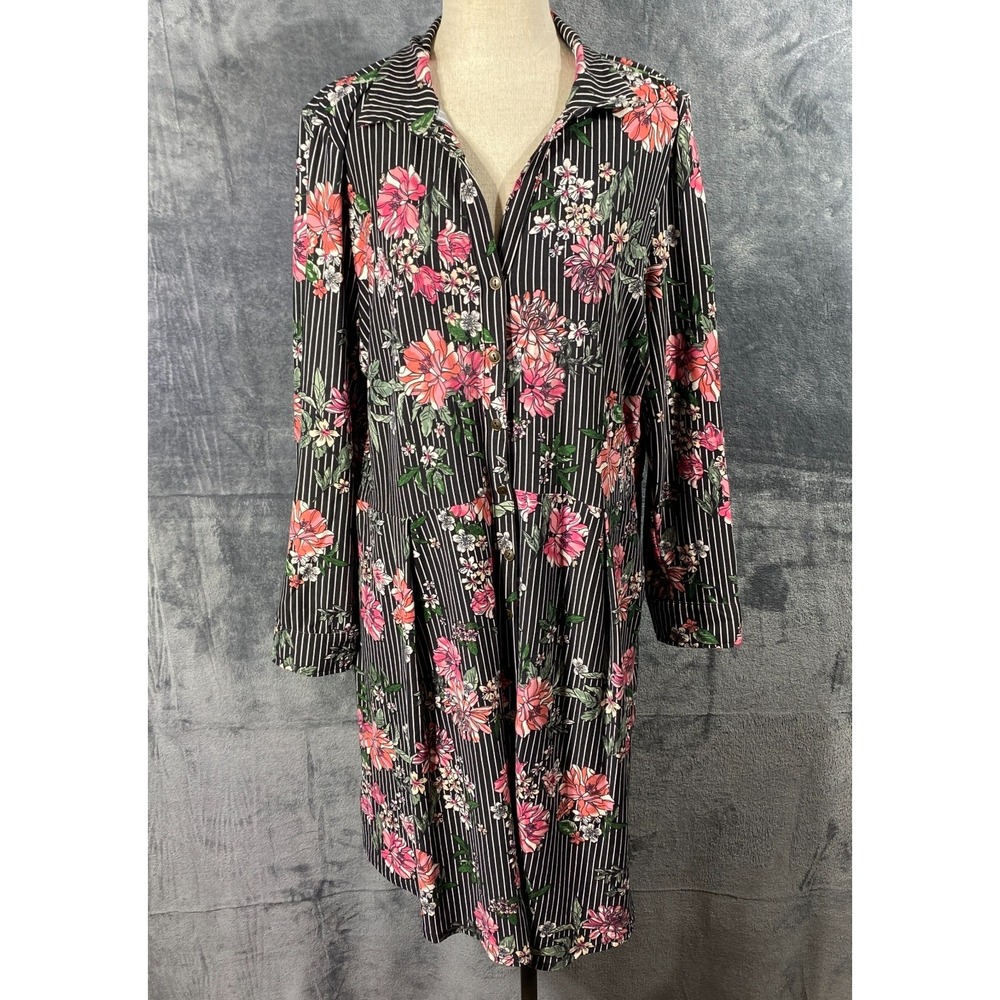 Derek Heart Dress Womens 2X Plus Black Rose Floral Striped Button Up Whimsigoth
